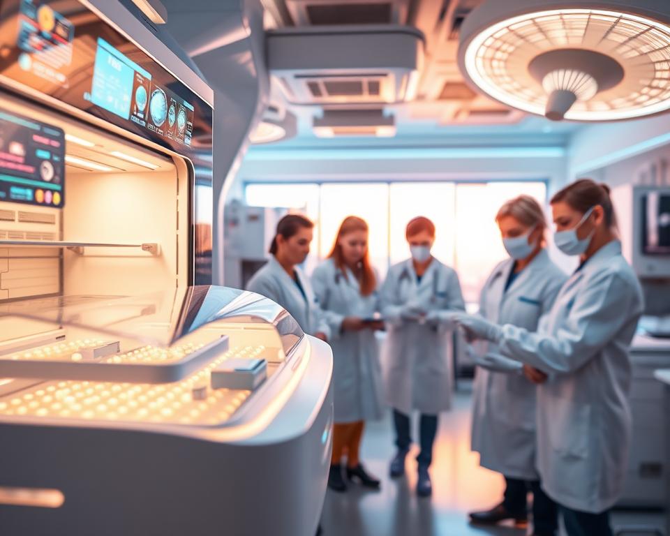 A vibrant, high-tech laboratory setting with state-of-the-art equipment and medical instruments. In the foreground, a sleek, modern incubator showcases the latest advancements in IVF conceptions egg donation technology. Glowing displays and holographic interfaces suggest cutting-edge diagnostics and monitoring systems. In the middle ground, a team of scientists and clinicians in sterile white coats carefully handle delicate embryos, their expressions focused and determined. The background is bathed in a warm, glowing light, conveying a sense of hope and scientific progress. The overall scene exudes a sense of innovation, precision, and the transformative power of egg donation technology.