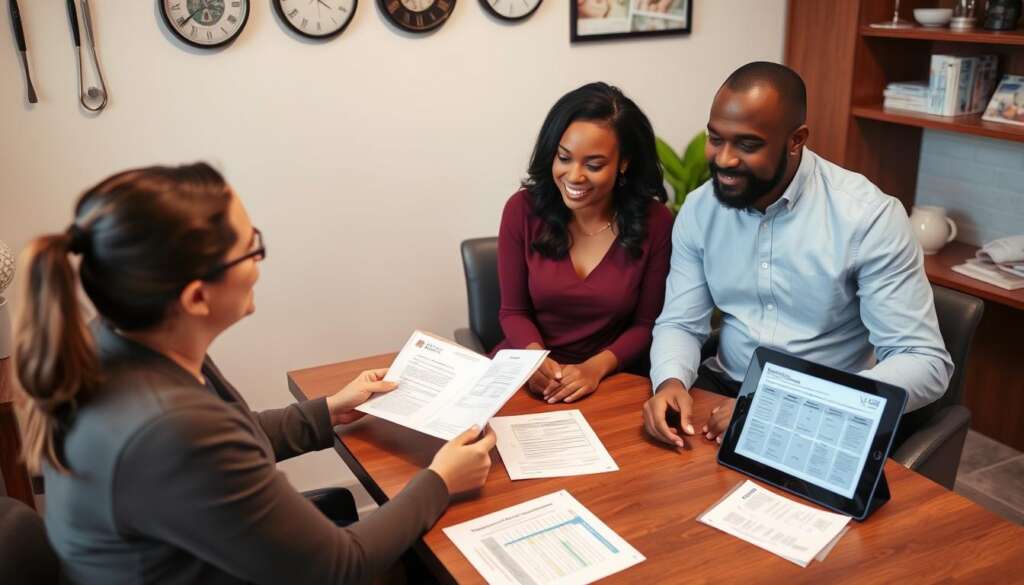 A couple reviewing pros and cons of fertility treatment options with a counselor