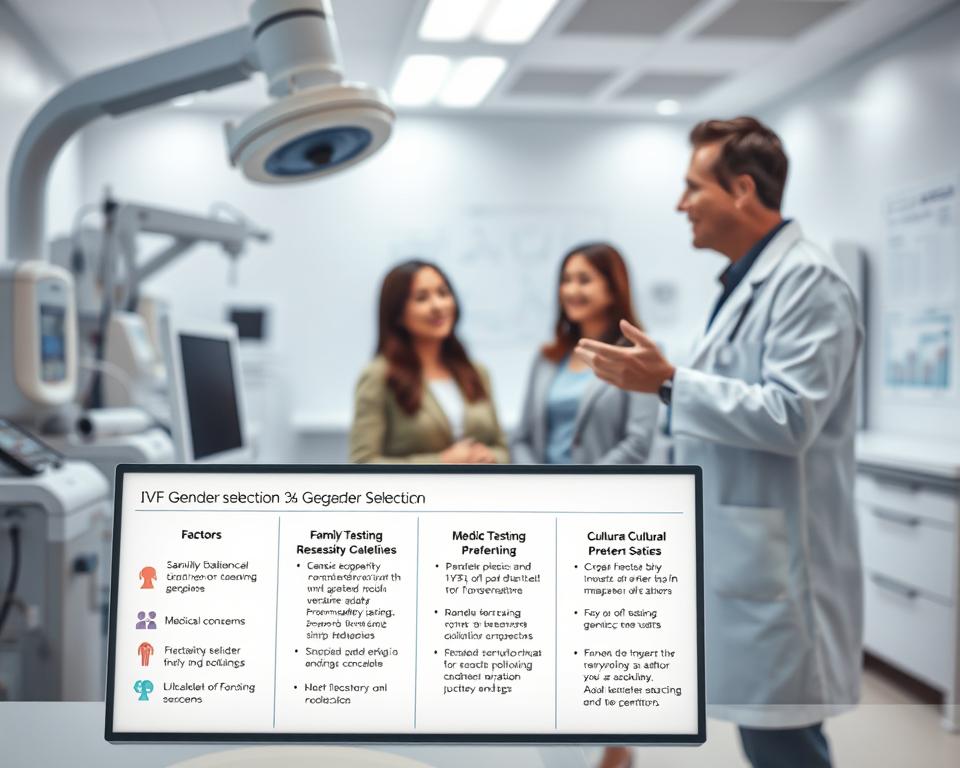 A medical laboratory setting with state-of-the-art IVF equipment and genetic testing technology. In the foreground, a panel displaying various factors for gender selection, such as family balancing, medical concerns, and cultural preferences. The middle ground features a doctor in a lab coat consulting with a couple, gesturing towards the information panel. The background has subtle hints of scientific diagrams and data visualizations, conveying the clinical yet personal nature of the gender selection process. Soft, directional lighting illuminates the scene, creating a sense of professionalism and care. The overall mood is one of informed decision-making, with a focus on the medical and non-medical considerations surrounding IVF gender selection.