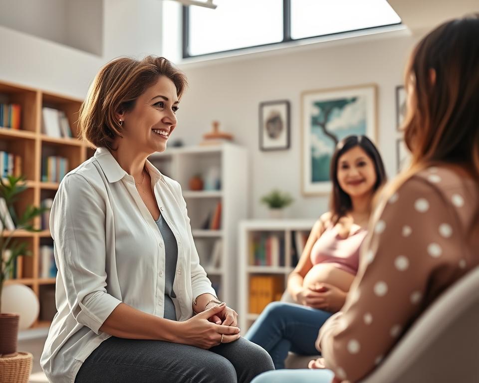 A modern, well-appointed surrogacy agency office, sunlit and inviting. In the foreground, a warm, empathetic agency representative meets with a couple, discussing the surrogacy process in a supportive, professional manner. Bookshelves and art in the background suggest a nurturing, child-centric environment. The mood is one of trust, guidance, and the promise of a new family. Crisp, high-resolution, realistic, cinematic lighting.