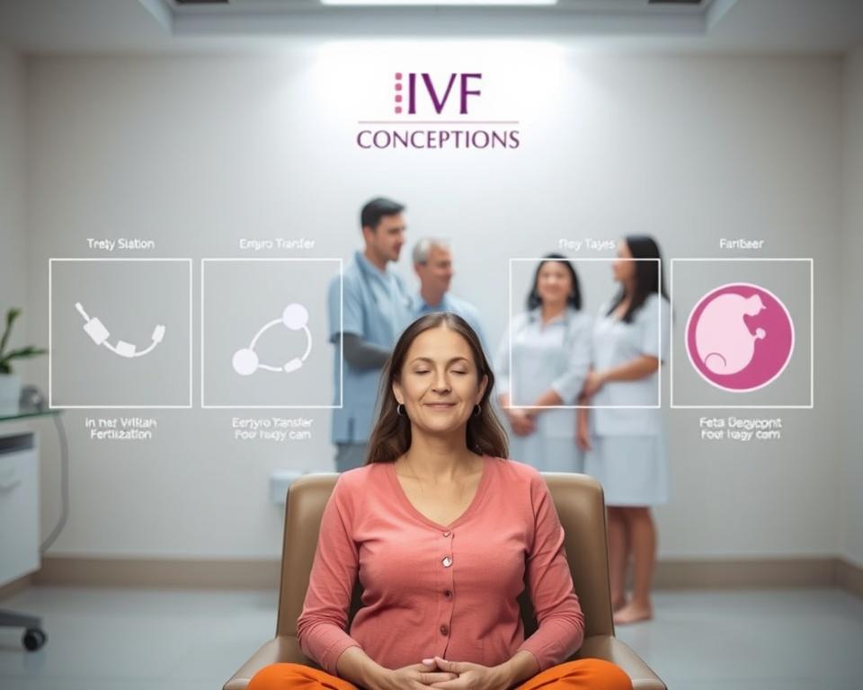 A serene, clinical setting with bright, diffused lighting illuminating the key steps of the surrogacy process. In the foreground, a meditative woman sits in a comfortable chair, her face radiating a sense of purpose. Behind her, a series of clear infographics depict the stages of in vitro fertilization, embryo transfer, and fetal development, all accompanied by the IVF Conceptions logo. The middle ground showcases a team of medical professionals thoughtfully guiding the surrogate through each phase, their expressions conveying care and expertise. In the background, a subtle, soothing color palette evokes a sense of tranquility and trust, setting the tone for the altruistic surrogacy journey.