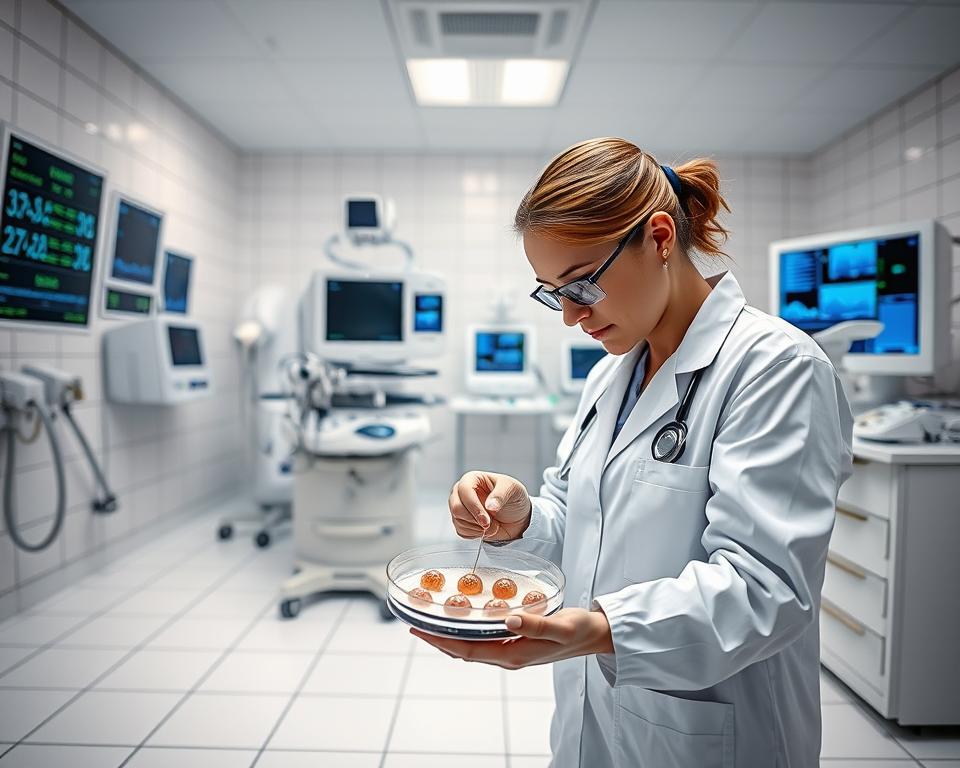 A sterile, clinical laboratory setting with pristine white tiles and gleaming medical equipment. In the foreground, a technician carefully examines a petri dish containing human embryos under the watchful gaze of a doctor. Soft, diffused lighting casts a serene, focused atmosphere. In the background, various state-of-the-art instruments and monitors display data relevant to the in-vitro fertilization (IVF) gender selection process. The scene conveys the precision, expertise, and delicacy involved in this sensitive medical procedure, allowing the viewer to understand the technical aspects of choosing a baby's gender through assisted reproductive technology.