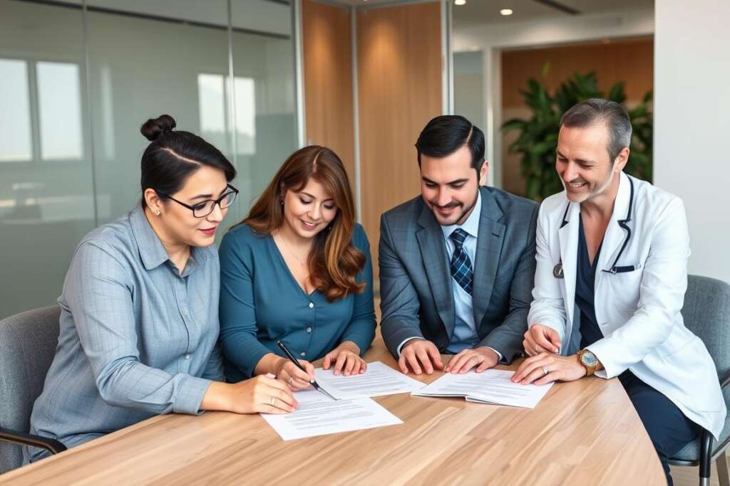 A surrogate and intended parents meeting with both fertility clinic doctor and surrogacy agency representative