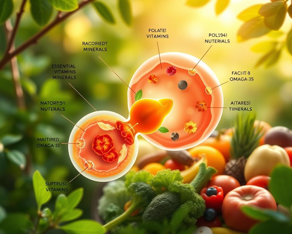 A vibrant, scientifically accurate illustration of the key nutrients supporting embryo development. In the foreground, a cross-section of an embryo, meticulously detailed, surrounded by a lush, verdant background. Prominently featured are essential vitamins, minerals, and macronutrients like folate, iron, and omega-3s, depicted as stylized, glowing elements nourishing the embryo. The middle ground showcases diverse, healthy foods in a harmonious arrangement, reflecting the optimal diet for prenatal care. Soft, natural lighting casts a warm, nurturing glow, conveying the importance of proper nutrition during this critical stage of life.