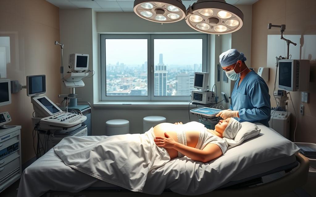 A well-lit hospital room with a surgical bed in the foreground, occupied by a surrogate mother in a gown. Medical professionals in scrubs and masks perform a delicate procedure, with various medical equipment and monitors visible. The atmosphere is calm and professional, conveying the care and expertise involved in the gestational surrogacy process. The middle ground features a window overlooking a bustling Indian cityscape, hinting at the international appeal of this medical service. The overall scene captures the complex interplay of medical technology, human relationships, and cultural contexts that define the surrogacy experience in India.