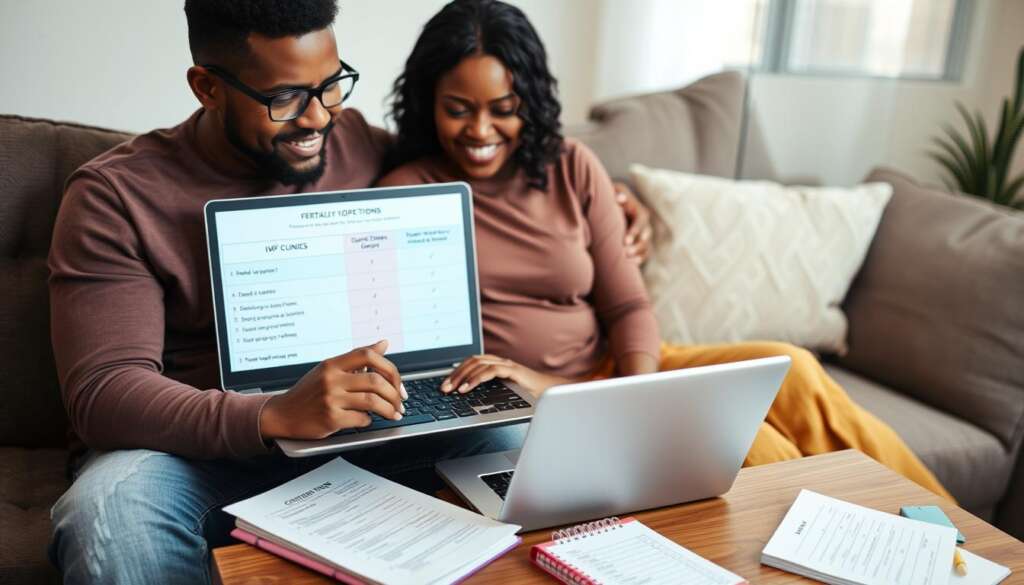 Couple researching and comparing different fertility clinics and surrogacy agencies online