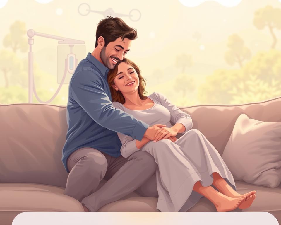 Detailed and serene illustration of a couple embracing after a successful in vitro fertilization (IVF) embryo transfer. In the foreground, the couple, dressed in comfortable yet elegant attire, sit on a plush, neutral-toned couch, their faces radiating joy and relief. Soft, warm lighting casts a gentle glow, creating an atmosphere of tranquility and hope. The middle ground features subtle, abstracted medical equipment, symbolizing the medical journey, while the background is a calming, blurred landscape with lush greenery, conveying a sense of nature's restorative power. The overall scene captures the emotional and physical well-being experienced after a successful embryo transfer, reflecting the article's focus on strategies to increase IVF success.
