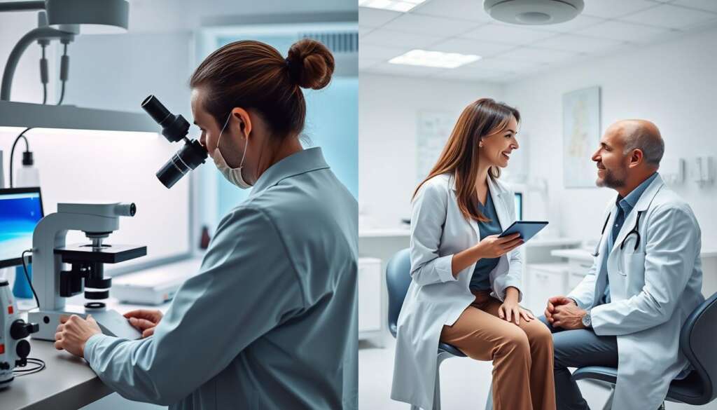 Doctor examining embryos in an IVF clinic laboratory while a patient consults with a fertility specialist