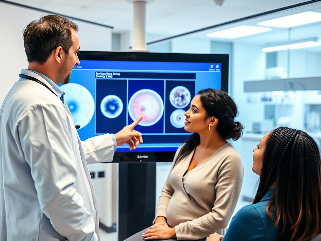 Doctor showing couple embryo development on screen at international fertility clinic