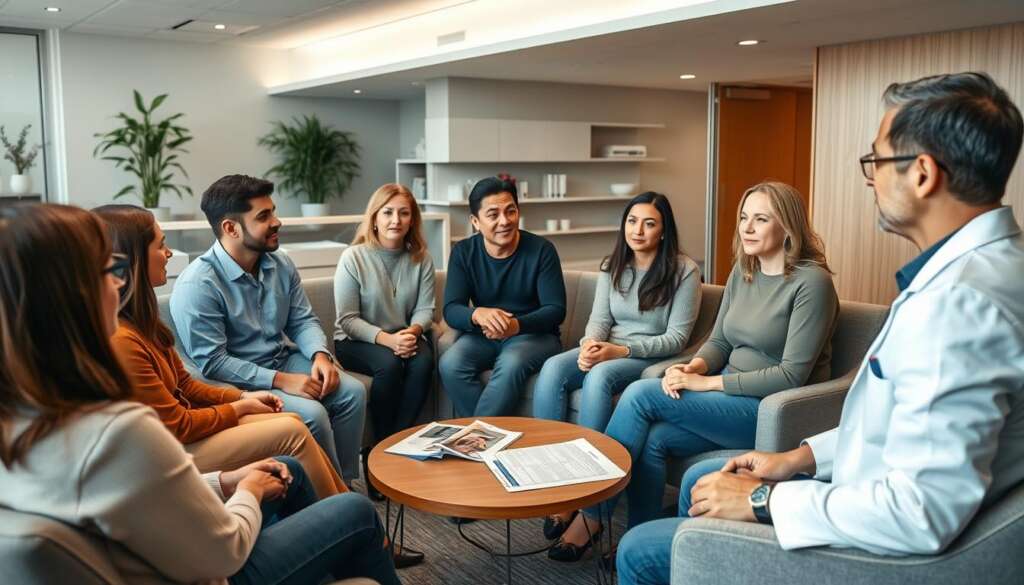 Group of international patients at fertility clinic support meeting