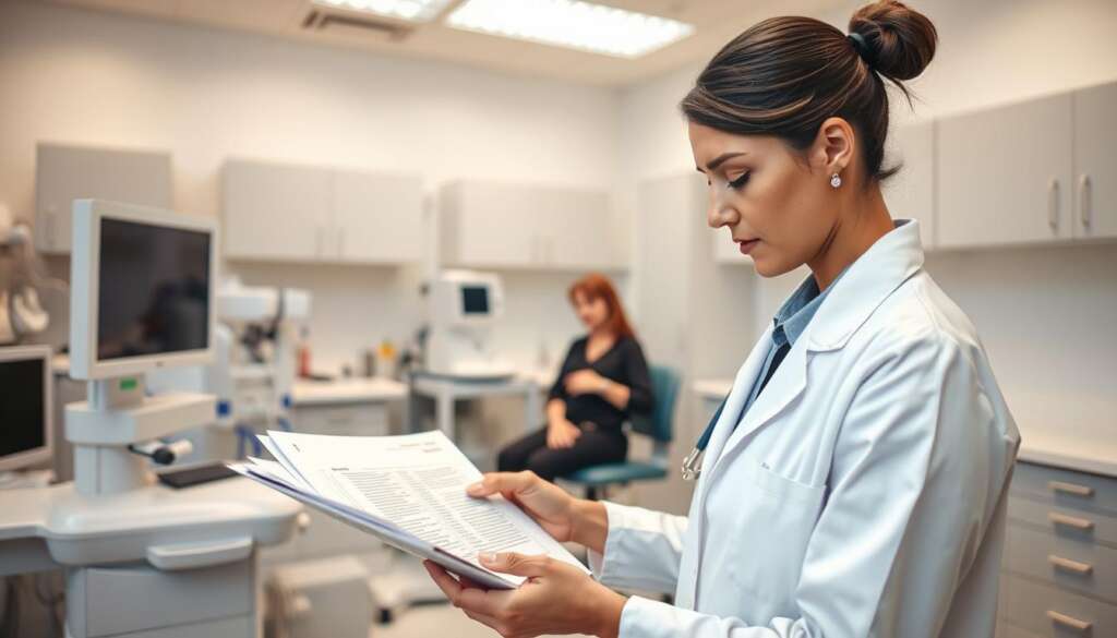 a well-lit, modern medical laboratory interior with clean, sterile equipment and surfaces. In the foreground, a healthcare professional in a white lab coat is carefully reviewing donor screening documents. In the middle ground, a patient is undergoing a physical examination. In the background, various diagnostic instruments and storage cabinets are visible, conveying the professional, clinical atmosphere of an IVF donor screening process. Soft, directional lighting highlights the details, and the composition creates a sense of order and precision in Denmark's meticulous IVF donor procedures.