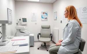 A clinical examination room in a fertility clinic in Greece. Bright, sterile lighting illuminates the scene. In the foreground, a doctor in a white coat consults with a female patient, discussing the comprehensive egg donor screening process. On a desk, medical forms and documents are neatly organized. The middle ground features diagnostic equipment and a comfortable examination chair. In the background, medical posters and certifications hang on the walls, conveying a professional, trustworthy atmosphere. The overall mood is one of care, transparency, and attention to detail in the egg donor selection.