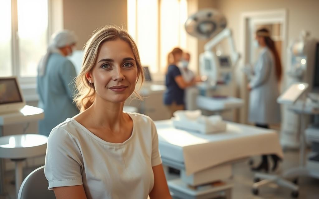 A cozy fertility clinic in Mexico, bathed in warm sunlight filtering through large windows. In the foreground, a young European woman sits calmly, her gentle expression conveying hope and determination. Medical equipment and soothing decor create a sense of professionalism and care. In the background, a team of experienced clinicians moves with efficiency, preparing for the IVF procedure that will help this patient achieve her dream of parenthood. The atmosphere is one of quiet confidence, where modern medicine and compassionate support come together to make the impossible, possible.