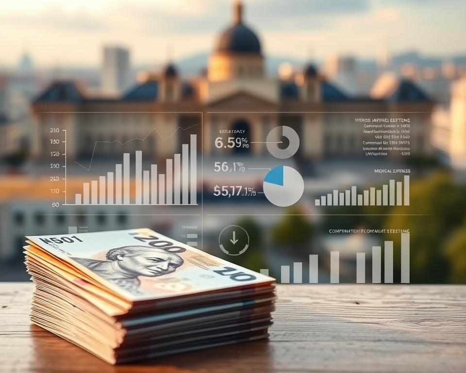 A detailed breakdown of surrogate mother costs in Ukraine, captured in a meticulously composed financial illustration. The foreground depicts a stack of Ukrainian hryvnia banknotes, meticulously rendered with a shallow depth of field. The middle ground showcases a series of infographic elements, such as pie charts and bar graphs, artfully arranged to convey the various expense categories associated with surrogacy, including legal fees, medical expenses, and compensation for the surrogate mother. The background features a softly blurred cityscape of Kyiv, Ukraine's capital, establishing a sense of place and context. The lighting is soft and diffused, creating a sense of professionalism and credibility. The overall mood is one of informative clarity, guiding the viewer through the financial complexities of surrogacy in Ukraine.