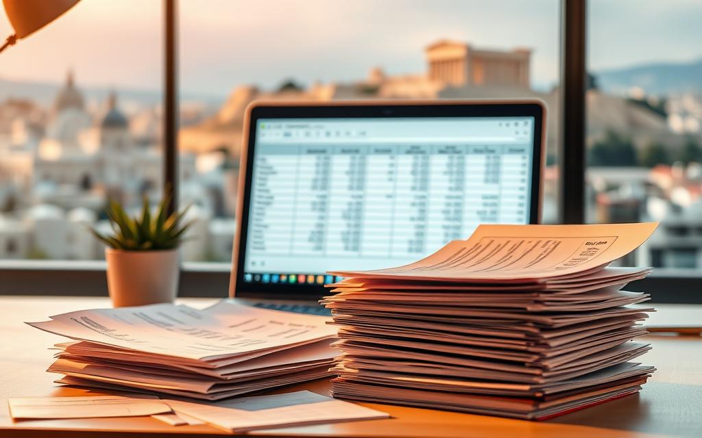 A detailed financial breakdown of egg donor costs in Greece, captured through a meticulously composed image. In the foreground, a stack of neatly organized receipts, invoices, and expense reports, illuminated by warm, soft lighting that casts a professional, yet approachable tone. In the middle ground, a laptop display showcasing a spreadsheet with itemized costs, balanced against a modern, minimalist desk setup. The background features a serene, blurred cityscape of Athens, with the Acropolis visible in the distance, symbolizing the cultural and historical context. The overall composition conveys a sense of transparency, precision, and the comprehensive understanding of the topic at hand.