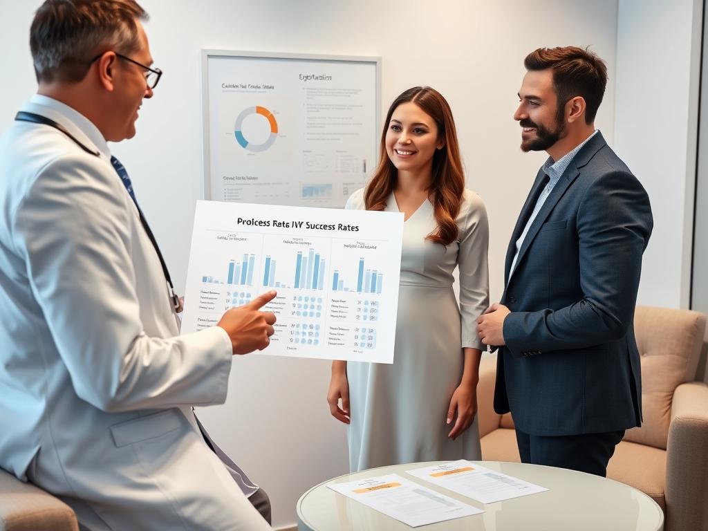 A doctor explaining IVF success rates chart to a couple in a consultation room at a top IVF centre in India