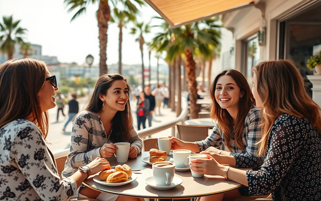 A group of young, diverse European women sitting in a sunny, open-air cafe in Nicosia, Cyprus. The foreground features three women in their 20s-30s, warmly chatting over coffee and pastries. The middle ground shows a bustling urban scene with palm trees, whitewashed buildings, and a glimpse of the Mediterranean Sea. The background is hazy and dreamlike, evoking a sense of tranquility. The lighting is soft and diffused, creating a warm, welcoming atmosphere. The lens captures the scene with a shallow depth of field, gently blurring the background and drawing the viewer's attention to the central figures. The overall mood is one of international camaraderie, cultural exchange, and the promise of new beginnings.