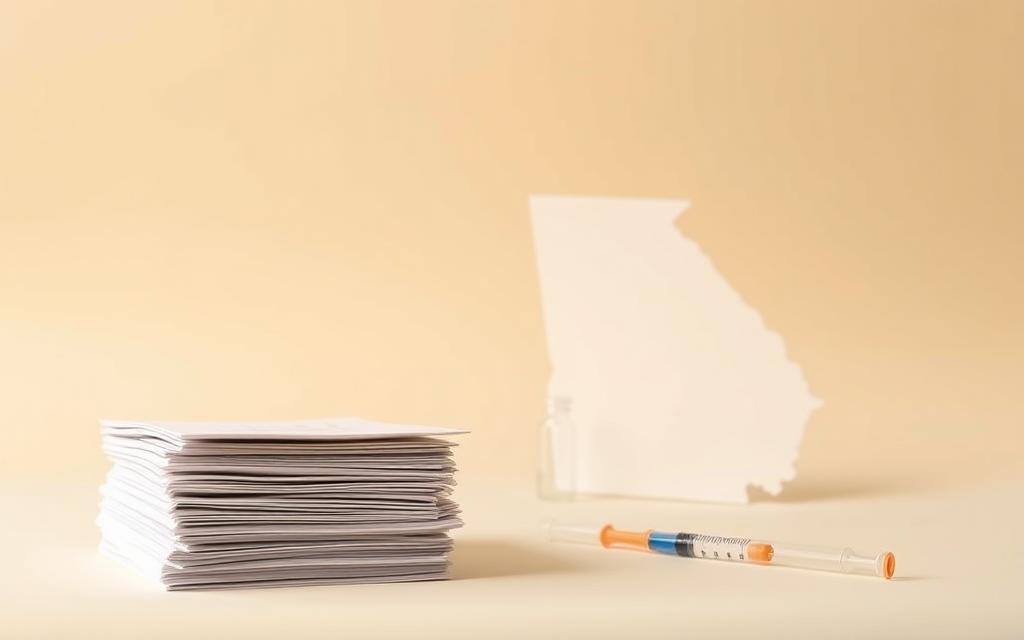 A minimalist illustration of the essential requirements for an IVF egg donor in Georgia. A clean, well-lit studio shot against a muted beige backdrop, showcasing key details in a crisp, clinical style. In the foreground, a stack of medical documents and forms with clear, legible text. In the middle ground, a glass vial and syringe, hinting at the medical procedures involved. The background subtly suggests the state of Georgia through a simple, stylized outline map. The overall mood is professional, informative, and reassuring, guiding the viewer through the important criteria for becoming an egg donor.