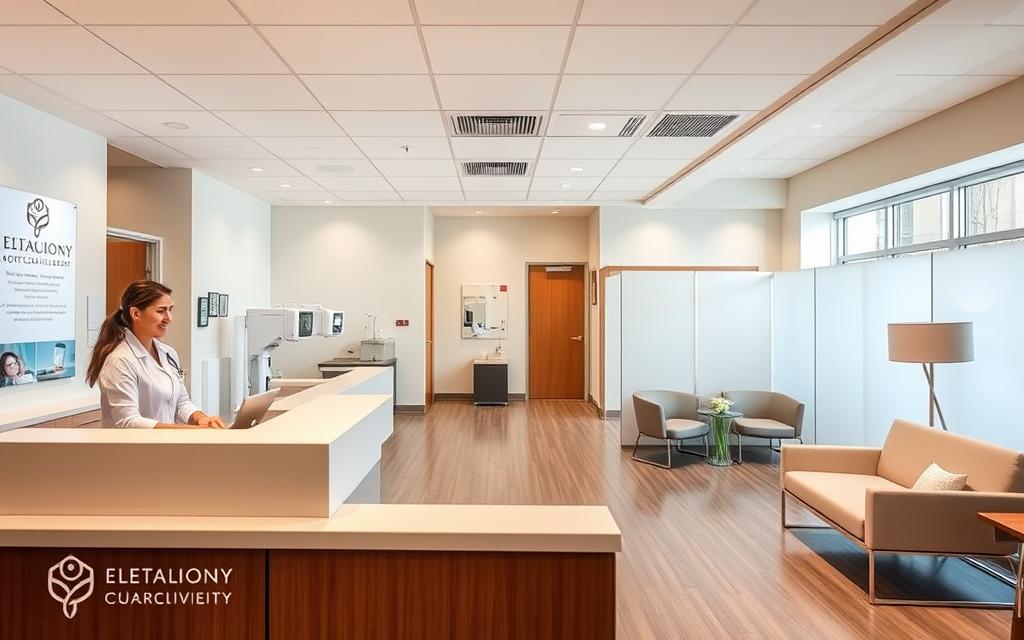 A modern, clean medical facility with a warm, welcoming atmosphere. In the foreground, a reception desk with a friendly staff member assisting a patient. The middle ground features exam rooms with state-of-the-art equipment, while the background showcases a bright, airy waiting area with comfortable seating and discreet privacy screens. Soft, natural lighting creates a calming ambiance, and the overall design prioritizes professionalism, empathy, and patient care. The clinic's branding and signage subtly convey its expertise in fertility treatments and egg donation services.