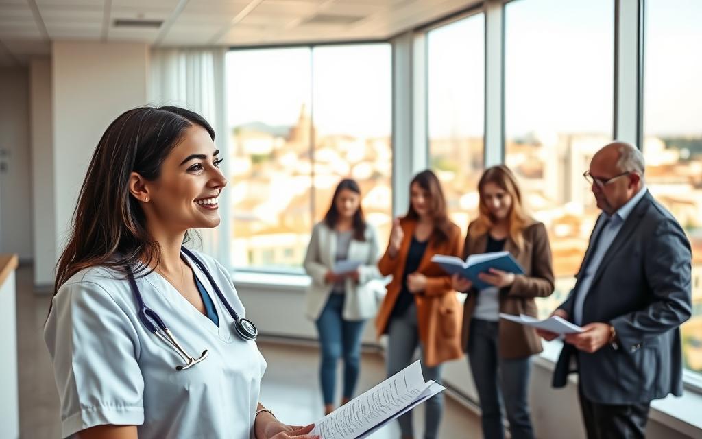 A modern medical facility interior, bright and airy, with clean lines and neutral tones. In the foreground, a smiling nurse consults with a young woman, discussing the options of exclusive and shared egg donation programs. In the middle ground, a group of diverse individuals, both men and women, review documents and exchange information. The background features a large window overlooking a picturesque Spanish cityscape, bathed in warm, natural lighting. The atmosphere conveys a sense of professionalism, compassion, and an understanding of the sensitive nature of the topic.