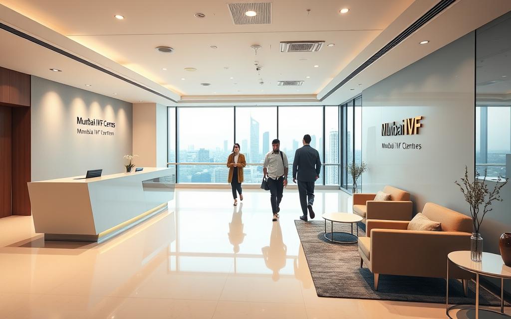 A modern medical facility with a welcoming atmosphere, Mumbai IVF Centers offer a serene and professional environment for egg donation. A warm, diffused light fills the spacious lobby, where a sleek reception desk and comfortable seating create a sense of calm. In the background, a panoramic view of the bustling Mumbai skyline provides a subtle contrast. The clinic's branding is discreetly visible, conveying expertise and care. Patients move through the space with a quiet confidence, accompanied by compassionate staff. The overall impression is one of a state-of-the-art, patient-centric facility dedicated to making the IVF journey as smooth and supportive as possible.