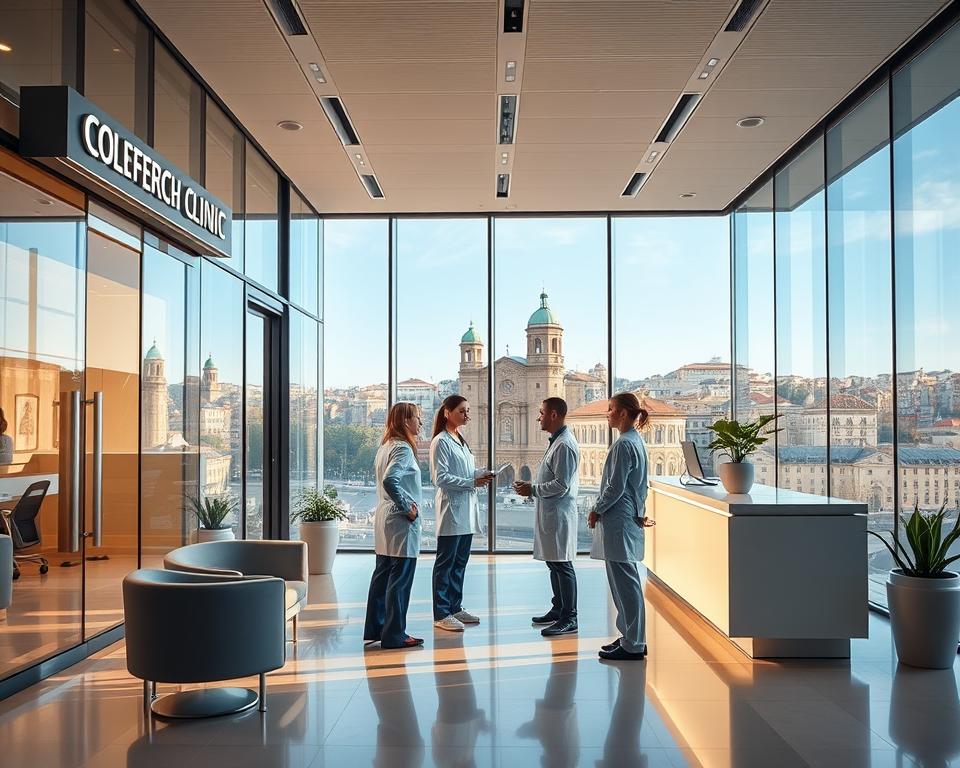 A modern, sleek medical facility nestled in the heart of Tbilisi, Georgia. The exterior features floor-to-ceiling windows, a minimalist glass and steel facade, and a discreet signage. The lobby is bright and airy, with comfortable seating and a welcoming reception desk. In the middle ground, medical professionals in scrubs and lab coats guide prospective clients through the clinic's services. The background showcases the city's historic architecture, providing a sense of place. Warm, natural lighting filters in, creating a calming, professional atmosphere. The overall impression conveys a state-of-the-art surrogacy clinic catering to international clientele seeking top-tier care and discretion.