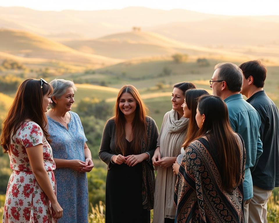 A serene Armenian landscape with rolling hills and lush greenery in the background. In the foreground, a group of US citizens - diverse in age and ethnicity - warmly interacting with local Armenian surrogates. The scene is bathed in soft, golden light, creating an atmosphere of trust, compassion, and cultural exchange. The surrogates and intended parents are engaged in thoughtful discussion, their body language conveying mutual understanding and respect. The image captures the essence of the surrogacy journey, where individuals from different countries come together to create new life, united by their shared hopes and dreams.