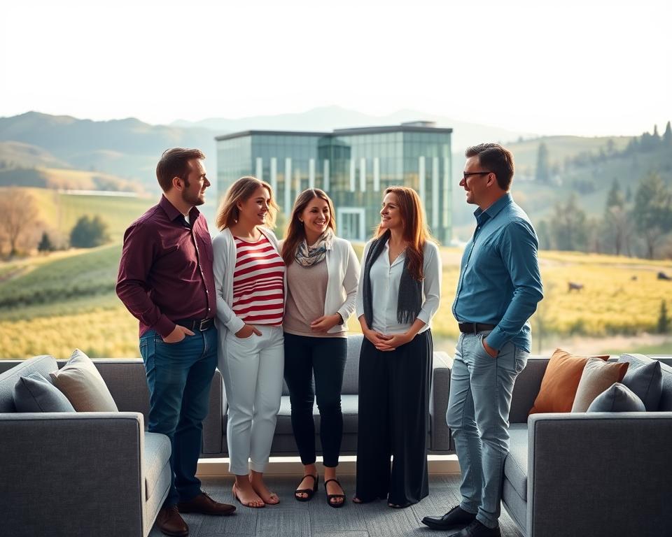 A serene Georgian countryside landscape, with gently rolling hills and lush greenery in the background. In the middle ground, a modern medical facility stands, its glass façade reflecting the warm sunlight. In the foreground, a welcoming reception area with comfortable seating and a stylish, minimalist design. Two American couples, dressed in casual yet sophisticated attire, are engaged in conversation with a friendly Georgian staff member, discussing the surrogacy process. The scene conveys a sense of professionalism, warmth, and cultural exchange, capturing the essence of surrogacy services available for American parents in Georgia.
