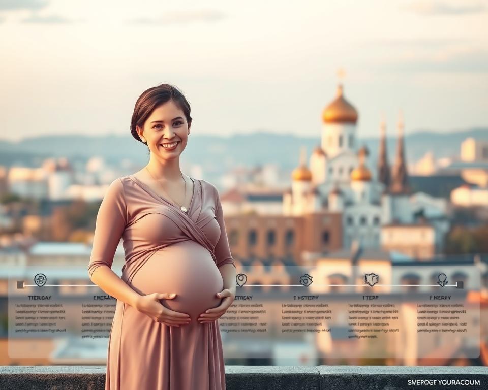 A serene and professional-looking illustration of the surrogacy process in Ukraine for US citizens. The foreground depicts a smiling surrogate mother and an expectant American couple, warmly embracing. The middle ground showcases the step-by-step timeline of the surrogacy journey, with icons and infographic elements. The background features a stylized Ukrainian cityscape, with the iconic St. Sophia's Cathedral in the distance, bathed in soft, warm lighting. The overall mood is one of trust, hope, and international collaboration.