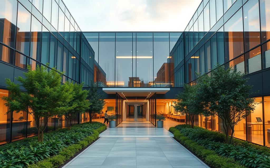 A serene, modern medical facility nestled in the heart of Georgia's capital city. The exterior features sleek, glass-paneled walls and a welcoming entrance flanked by lush greenery. Inside, the lobby exudes a calming ambiance, with state-of-the-art equipment and a team of highly skilled professionals dedicated to providing exceptional fertility treatments. The hallways are bathed in warm, natural light, leading to private consultation rooms and state-of-the-art laboratories where advanced IVF procedures are performed with the utmost care and precision. The overall atmosphere conveys a sense of hope, comfort, and personalized attention for each patient's journey.