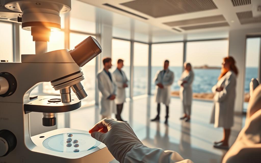 A state-of-the-art IVF clinic in Cyprus, bathed in warm, natural light. The foreground features a close-up of a medical professional's hands carefully handling delicate embryos under a high-tech microscope. In the middle ground, a team of experts in white coats review test results on a sleek, holographic display. The background showcases the clinic's modern, minimalist architecture with floor-to-ceiling windows overlooking the sparkling Mediterranean. An atmosphere of advanced medical care, cutting-edge technology, and serene, coastal ambiance pervades the scene.