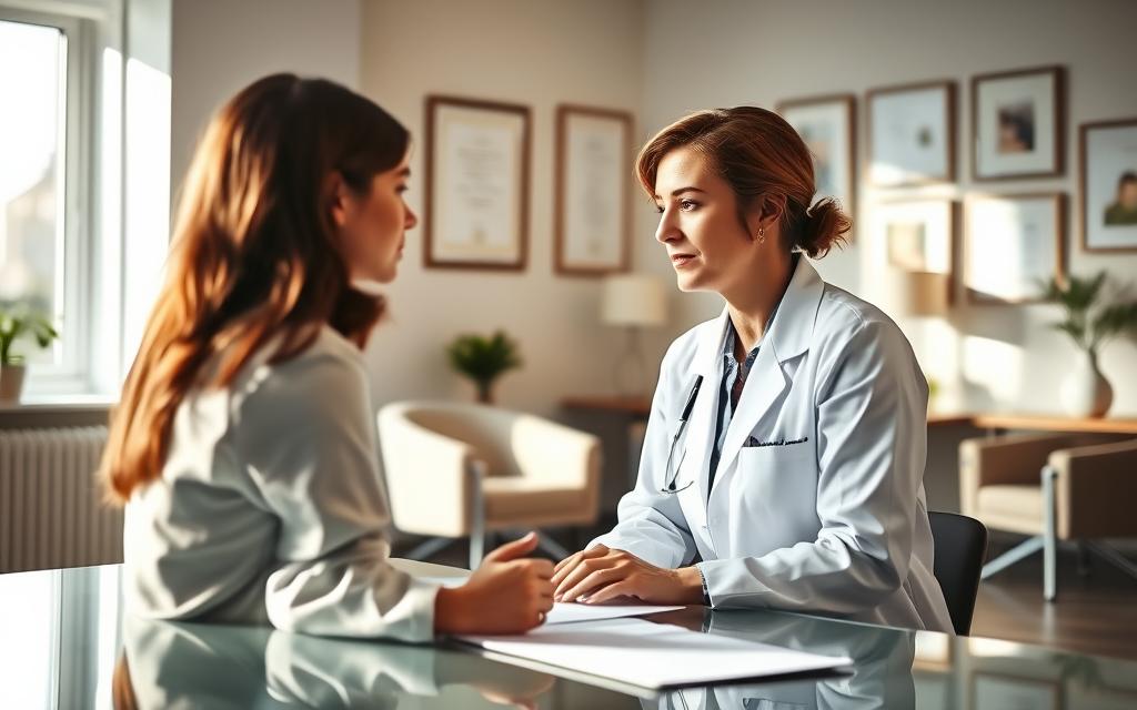 A sunlit medical office, the walls adorned with framed certificates and diplomas. In the foreground, a doctor in a crisp white coat sits at a desk, papers neatly arranged, engaged in a thoughtful discussion with a prospective egg donor. The donor, a young woman, listens intently, her face conveying a mixture of determination and curiosity. In the background, a waiting area with comfortable chairs and modern decor, suggesting a warm, welcoming atmosphere for the screening process. Soft, diffused lighting creates a serene, professional ambiance, while the clean, minimalist design evokes a sense of clinical excellence and attention to detail.