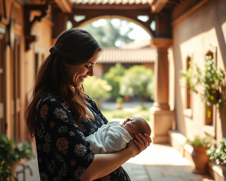 A tranquil Georgian courtyard, sun-drenched and welcoming, serves as the backdrop for the story of international surrogacy. In the foreground, a surrogate mother tenderly embraces a newborn, the joy on her face radiating warmth. Surrounding them, traditional Georgian architecture frames the scene, its intricate details and earthy tones evocative of the country's rich cultural heritage. In the distance, the lush greenery of a garden suggests a sense of nurturing and growth, while the soft, diffused lighting creates an atmosphere of intimacy and serenity. This image aims to capture the essence of the surrogacy experience in Georgia, a place where families from around the world come to build their dreams.