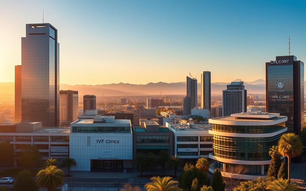 A vibrant cityscape featuring the skyline of Buenos Aires, Argentina, with prominent modern high-rise buildings and medical facilities in the foreground. The scene is bathed in warm, golden afternoon light, casting long shadows and highlighting the sleek, contemporary architecture. In the middle ground, several state-of-the-art IVF clinics stand out, their facades adorned with discreet signage and lush landscaping. The background is filled with rolling hills and a clear, blue sky, creating a sense of tranquility and wellness. The overall mood is one of professional excellence, innovative healthcare, and a thriving medical tourism industry.