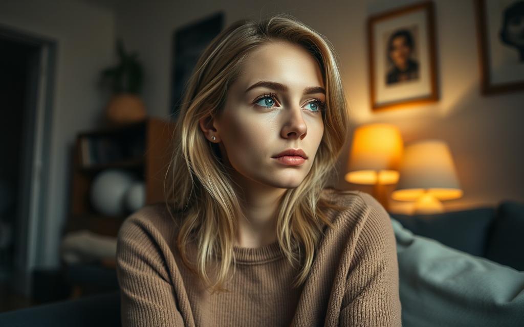 A young European woman with fair skin and blonde hair sits pensively in a cozy apartment, surrounded by soft lighting and warm-toned decor. She gazes thoughtfully, considering her decision to become an egg donor in the United States. The scene is intimate and contemplative, conveying the gravity and complexity of the situation. The camera angle is slightly elevated, creating a sense of empathy and understanding for the woman's experience. The overall mood is pensive and introspective, capturing the emotional weight of her choice.