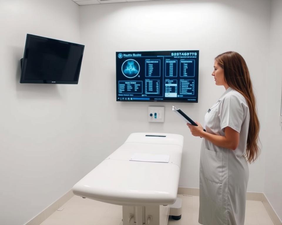 A bright and sterile medical examination room, with an examination table in the center. A nurse in a white uniform stands beside the table, holding a clipboard and guiding the surrogate through the screening process. Behind them, a wall-mounted monitor displays test results and medical information. Soft, diffused lighting illuminates the scene, creating a calming and professional atmosphere. The camera angle is slightly elevated, providing a clear view of the proceedings. The overall tone conveys the importance and seriousness of the medical screening, while maintaining a sense of care and support for the surrogate.
