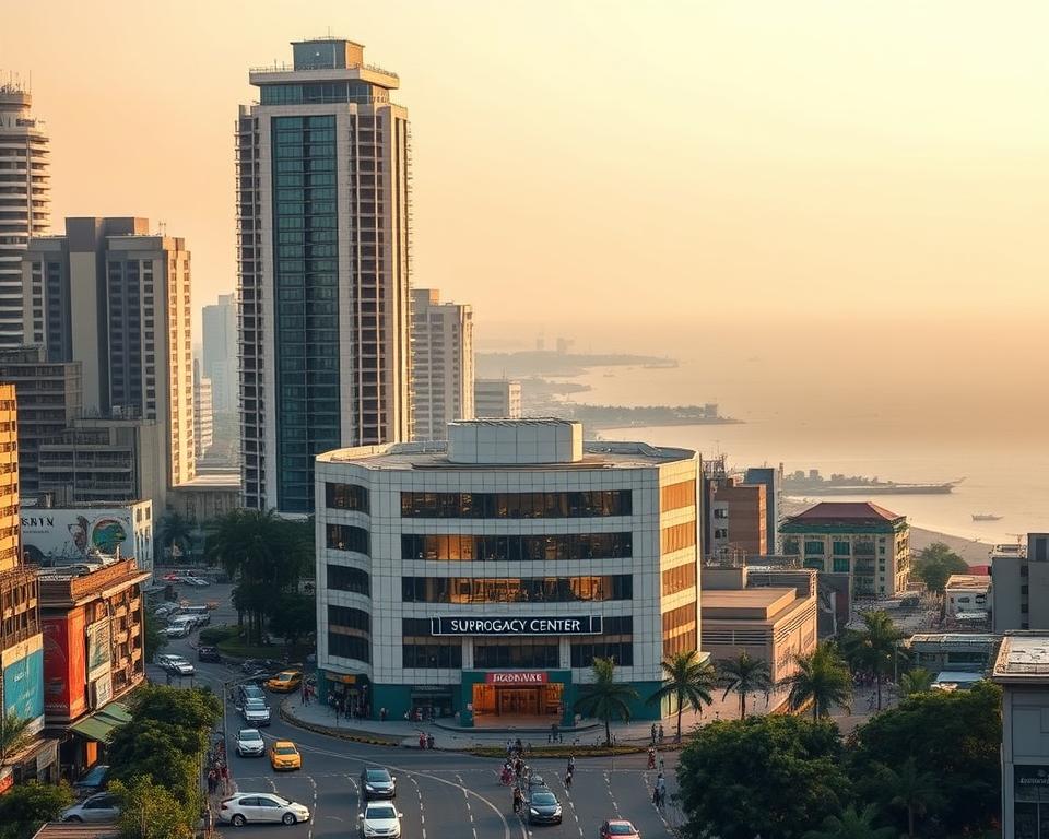 A bustling cityscape of Mumbai, India, with towering skyscrapers and vibrant street life in the foreground. In the middle ground, a modern medical facility stands, its entrance adorned with signage that reads &amp;amp;quot;Surrogacy Center.&amp;amp;quot; The background features a panoramic view of the Arabian Sea, the horizon line softened by a warm, golden sunset glow. The overall scene conveys a sense of professionalism, progress, and the blend of tradition and modernity that defines this dynamic metropolis. The lighting is soft and diffused, creating a calm, contemplative atmosphere. The camera angle is slightly elevated, providing a comprehensive view of the surroundings.