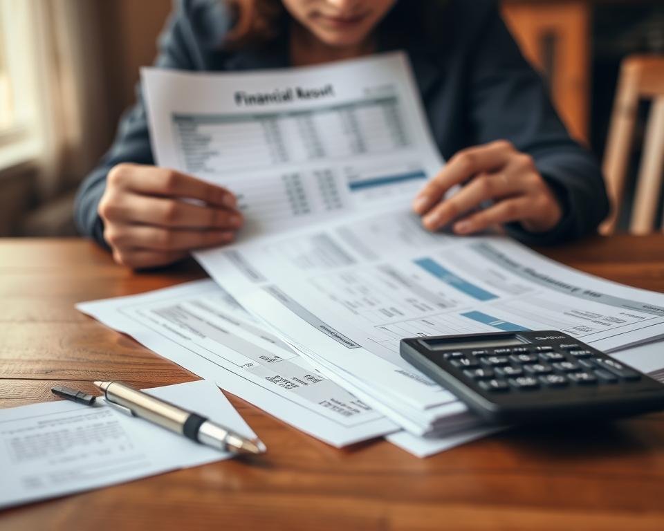 A detailed financial report with calculations, charts, and graphs is displayed on a wooden desk. In the foreground, a pen and calculator sit next to a stack of documents. The middle ground features a pair of hands reviewing the financial information, with a look of thoughtful consideration on the person's face. The background is slightly blurred, creating a sense of depth and focus on the financial details. The lighting is warm and natural, casting a soft glow over the scene. The overall atmosphere conveys the importance and seriousness of the financial decisions involved in a surrogacy journey.