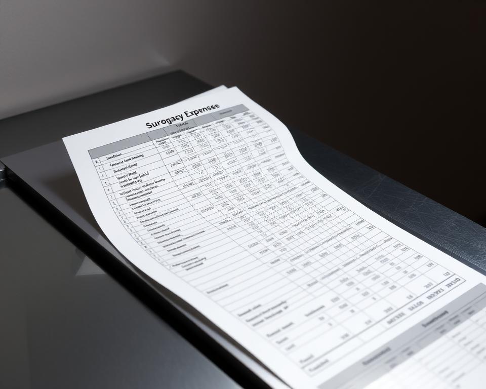 A highly detailed spreadsheet displayed on a sleek, metallic desk, illuminated by soft, directional lighting. The spreadsheet features rows and columns meticulously organized, showcasing a comprehensive breakdown of surrogacy expenses, including legal fees, medical costs, agency fees, and other associated expenses. The background is a muted, professional tone, allowing the financial information to take center stage. The overall composition conveys a sense of precision, clarity, and the importance of understanding the financial implications of the surrogacy process.