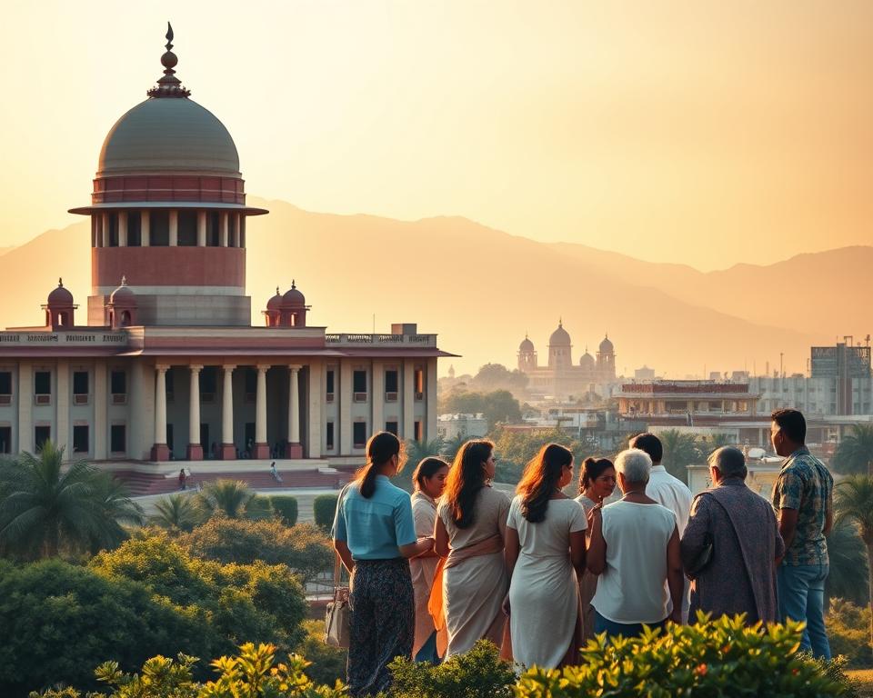 A modern Indian cityscape with a prominent government building in the foreground, representing the legal system. In the middle ground, a group of people - diverse in age, gender, and ethnicity - engaged in discussion, symbolizing the ongoing societal debate around surrogacy. In the background, hazy mountains and a vibrant sky, suggesting the broader cultural and geographical context. The lighting is a warm, golden hue, conveying a sense of contemplation and seriousness. The overall mood is one of thoughtful deliberation, capturing the complex and nuanced nature of surrogacy laws in India.