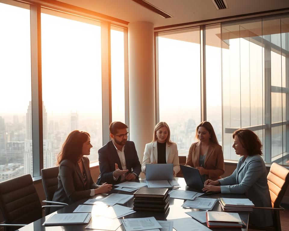 A modern, high-rise office building in Mumbai, India, bathed in warm, golden sunlight filtering through large windows. In the foreground, a group of people - lawyers, policymakers, and health professionals - engaged in a serious discussion, gesturing towards documents and laptops. The middle ground showcases various legal documents, regulations, and policies related to surrogacy practices, neatly organized on a conference table. The background reveals the bustling city skyline, a testament to India's dynamic legal landscape. The scene conveys a sense of diligence, collaboration, and the careful consideration of surrogacy guidelines to ensure ethical and responsible practices.
