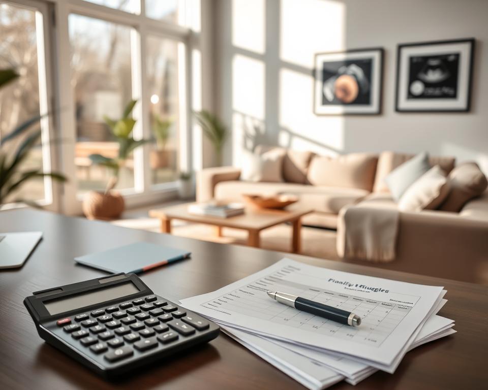A modern, minimalist home office with natural light streaming through large windows. On the desk, a calculator, a pen, and a neatly organized stack of papers representing a family budget. In the background, a cozy living room with plush furniture and a framed ultrasound image on the wall, symbolizing the journey of parenthood. The overall atmosphere is one of thoughtful financial planning and anticipation for the next chapter of life.