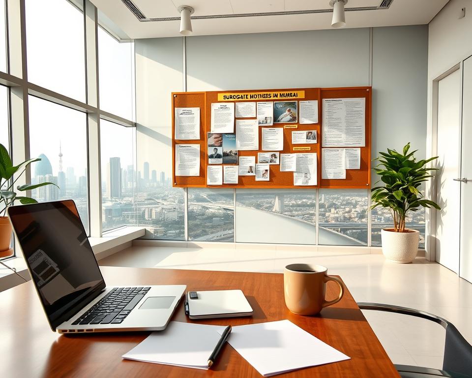 A modern, minimalist office interior with clean lines and natural light streaming in through large windows. In the foreground, a desk with a laptop, notepad, and a cup of coffee, symbolizing the administrative work involved. In the middle ground, a bulletin board displays various documents and guidelines, representing the criteria for surrogate mothers in Mumbai. The background features a city skyline with iconic landmarks, contextualizing the scene within the vibrant city of Mumbai. The overall mood is professional, informative, and urbane, reflecting the serious nature of the subject matter.