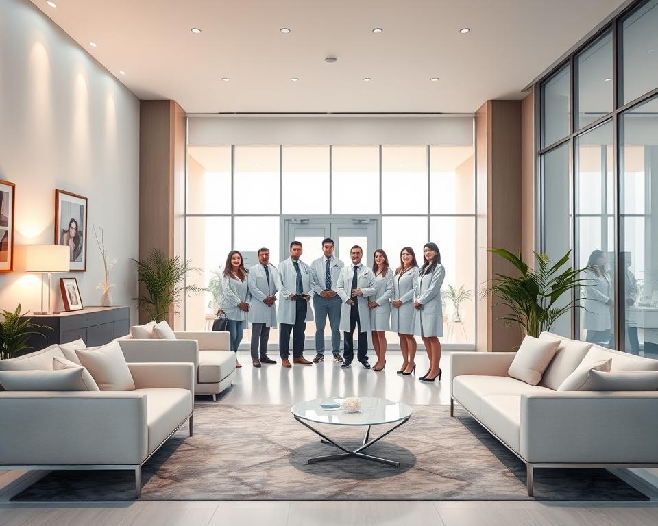 A modern, state-of-the-art surrogacy clinic in Yerevan, Armenia. In the foreground, a bright, welcoming reception area with plush seating and calming pastel decor. In the middle ground, a team of professional medical staff in crisp white coats, guiding prospective clients through the process. In the background, a sleek, minimalist exterior with clean lines and large windows, conveying a sense of transparency and high-quality care. Soft, warm lighting illuminates the scene, creating a tranquil, reassuring atmosphere. The overall impression is one of a premier, trusted facility dedicated to helping families grow.