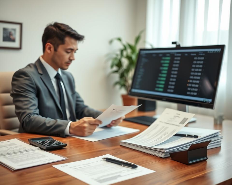 A modern, well-lit office setting with a wooden desk showcasing various documents, calculators, and a computer monitor displaying financial data. In the foreground, a person in a suit examining paperwork, carefully evaluating the details. Soft, directional lighting creates a professional, contemplative atmosphere. The background features a tasteful wall decor and a potted plant, adding a touch of warmth to the scene. The overall composition conveys a sense of careful analysis and decision-making related to the topic of sperm donor fees.
