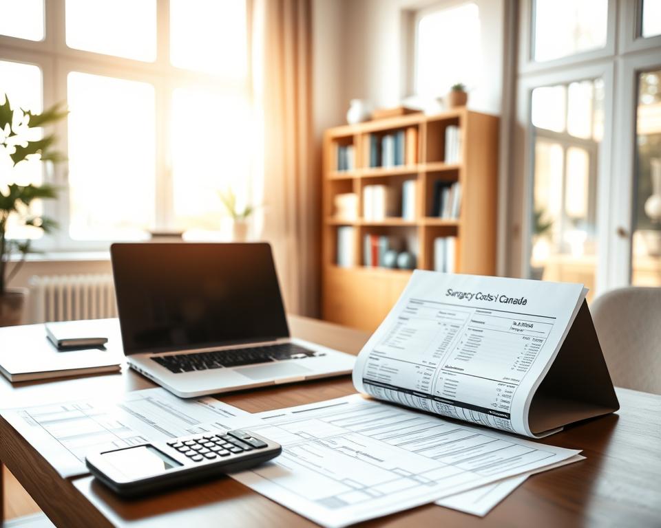 A serene home office setting, flooded with warm, natural light filtering through large windows. On the desk, a laptop, calculator, and financial documents detailing surrogacy costs in Canada, neatly organized. In the background, a bookshelf with carefully curated finance and family planning resources. The mood is one of thoughtful contemplation, as an expecting parent reviews the financial considerations of their surrogacy journey. The composition emphasizes the importance of careful planning and transparency around the monetary aspects of this profound experience.