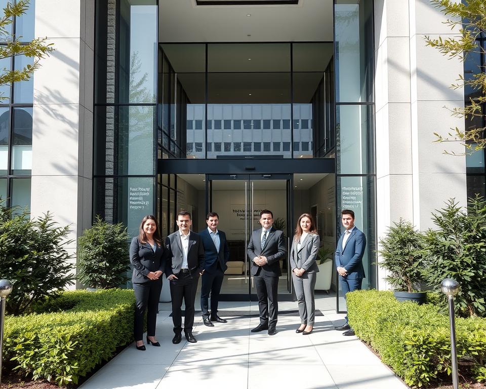 A serene, modern office building with sleek glass facades and elegant architectural details stands prominently in the heart of Yerevan. The entrance is flanked by lush, well-manicured landscaping, creating a welcoming atmosphere. Inside, the lobby exudes professionalism and warmth, with plush seating areas and discreet signage directing visitors to the surrogacy agency. Natural light floods the space, casting a soft, inviting glow. The agency's team of experts, dressed in formal attire, greet prospective clients with genuine smiles, ready to guide them through the surrogacy process with the utmost care and support.