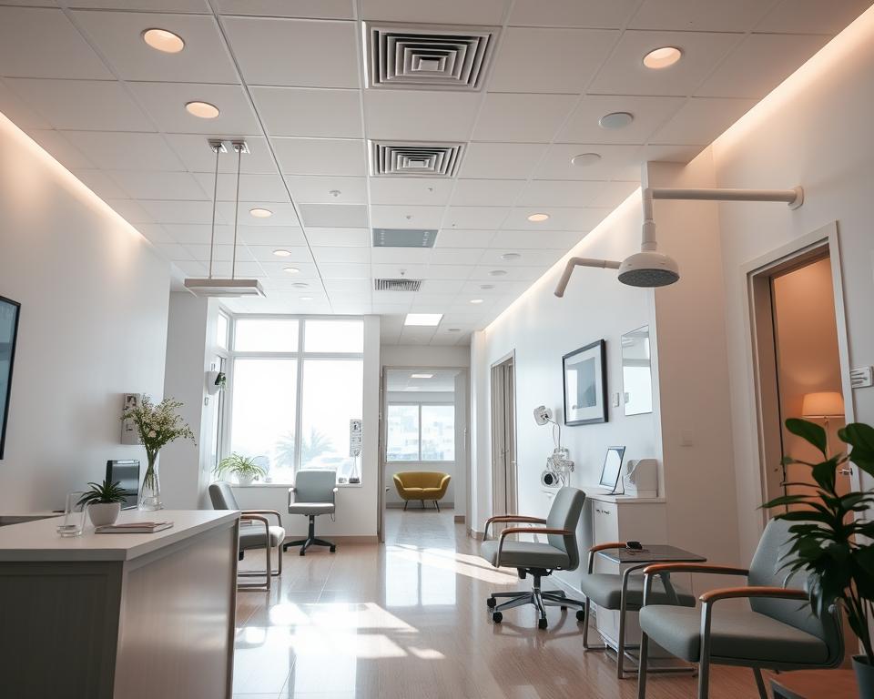 A serene, well-lit clinic interior with modern medical equipment and furnishings. The foreground features a welcoming reception desk and waiting area with comfortable chairs. In the middle ground, a hallway leads to several private consultation rooms, conveying a sense of confidentiality. The background showcases a sun-drenched view through large windows, creating a calming, professional atmosphere. The lighting is soft and diffused, highlighting the clinic's cleanliness and attention to detail. The overall impression is one of a reputable, caring surrogacy agency that prioritizes the well-being and privacy of its clients.