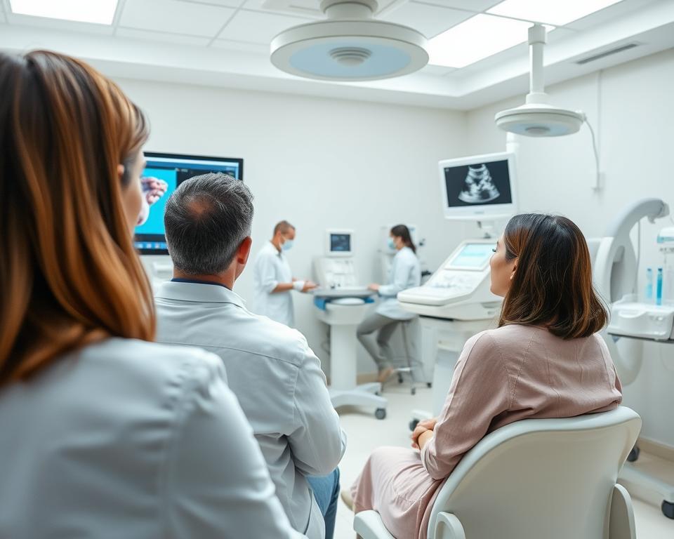 A sterile, well-lit medical clinic interior. In the foreground, a couple sits attentively as a doctor explains the IVF process, gesturing to a diagram on a screen. In the middle ground, a nurse prepares syringes and equipment for the procedure. The background features state-of-the-art medical technology, including an ultrasound machine and an incubator. The scene conveys a sense of professionalism, care, and advanced healthcare, reflecting the high standards of Canadian fertility treatment.