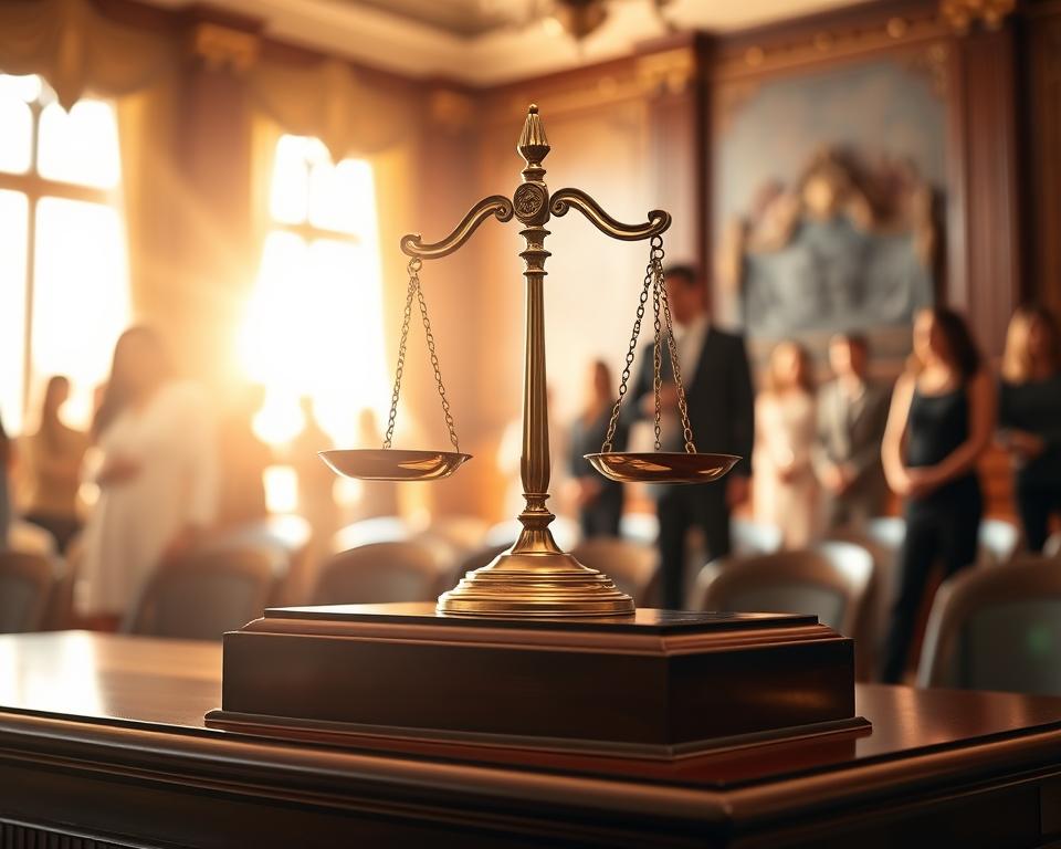 A sun-dappled courtroom, the scales of justice balanced atop a polished mahogany desk. Surrounding the scene, a soft focus blend of parental silhouettes, their hands interlocked in a gesture of unity and purpose. The air is charged with an atmosphere of contemplation and legal gravitas, as the intricacies of surrogacy rights are carefully considered. Warm lighting casts a golden glow, imbuing the tableau with a sense of solemnity and thoughtful deliberation. The overall impression is one of a complex, yet deeply meaningful legal process, guiding intended parents towards a fulfilling surrogacy journey.